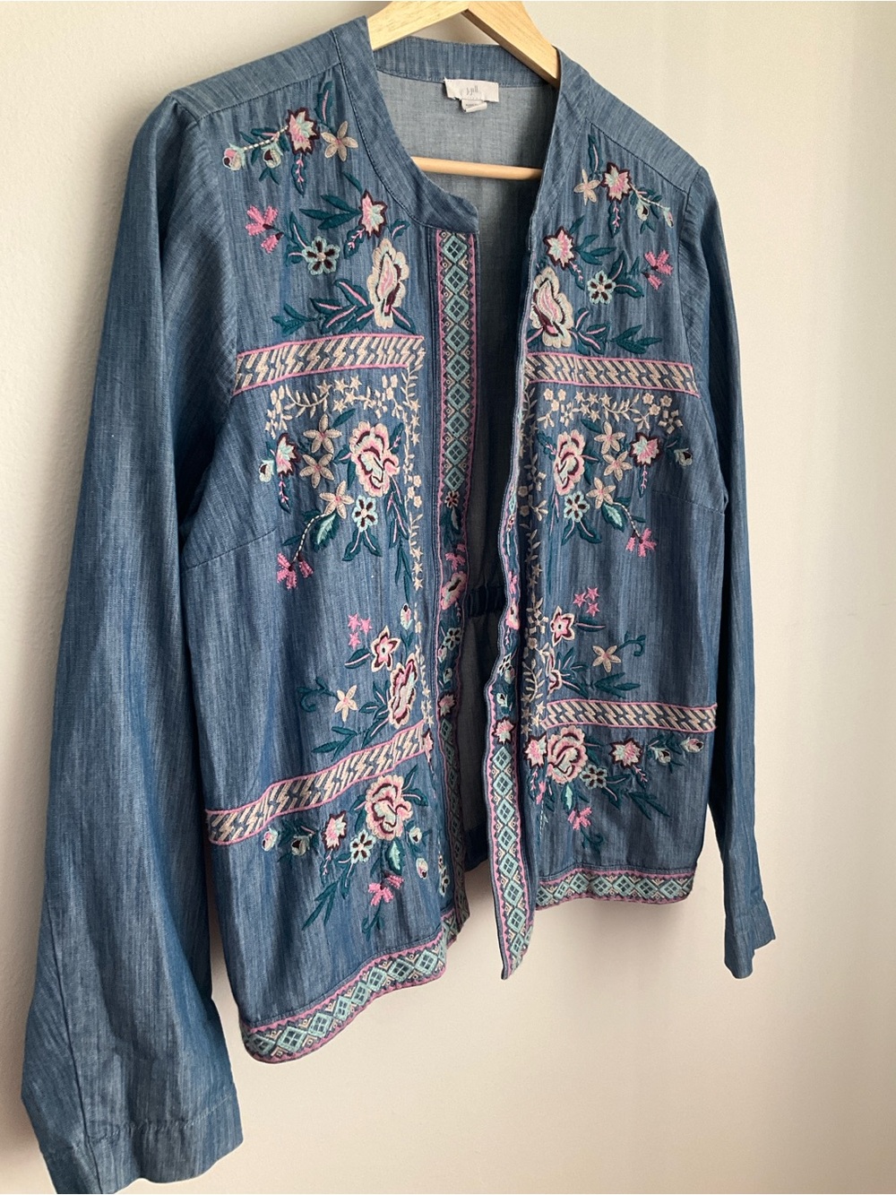 J. Jill Embroidered Open Front Denim Chambray Jacket Blue M - Picture 3 of 9